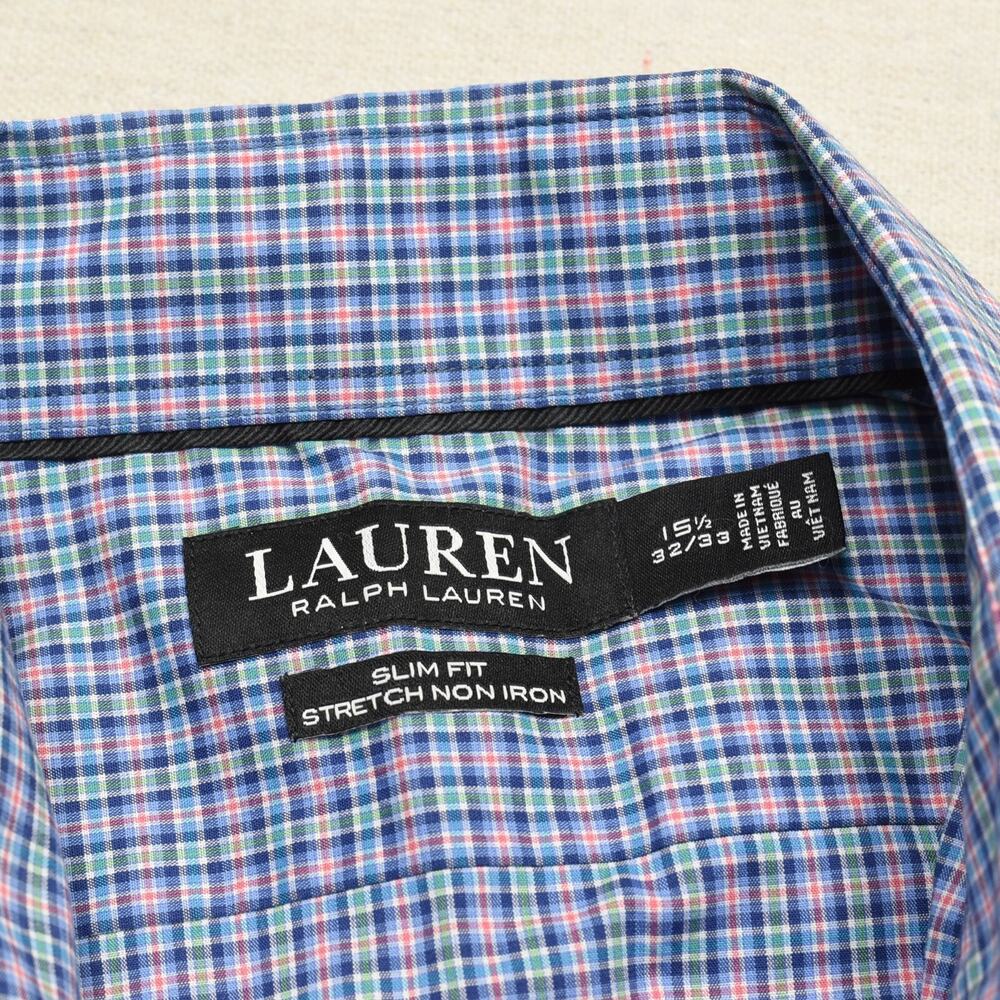 LRL Lauren Ralph Lauren Cotton Blue Plaid Size 15.5 32/33 Slim Non Iron Stretch - Picture 7 of 8